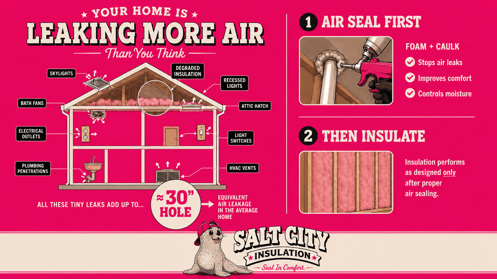 Infographic showing how air leaks in your home add up to the equivalent of a 30-inch hole